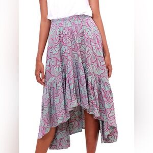 Novica Ginko Leaf Batik Ruffle High Low Hemline pull on skirt size L/XL
